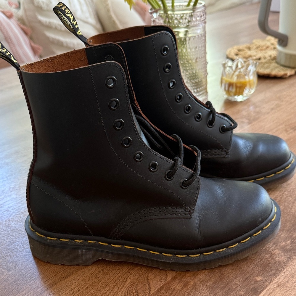 Dr. Martens Black Leather Boots with Yellow Stitching